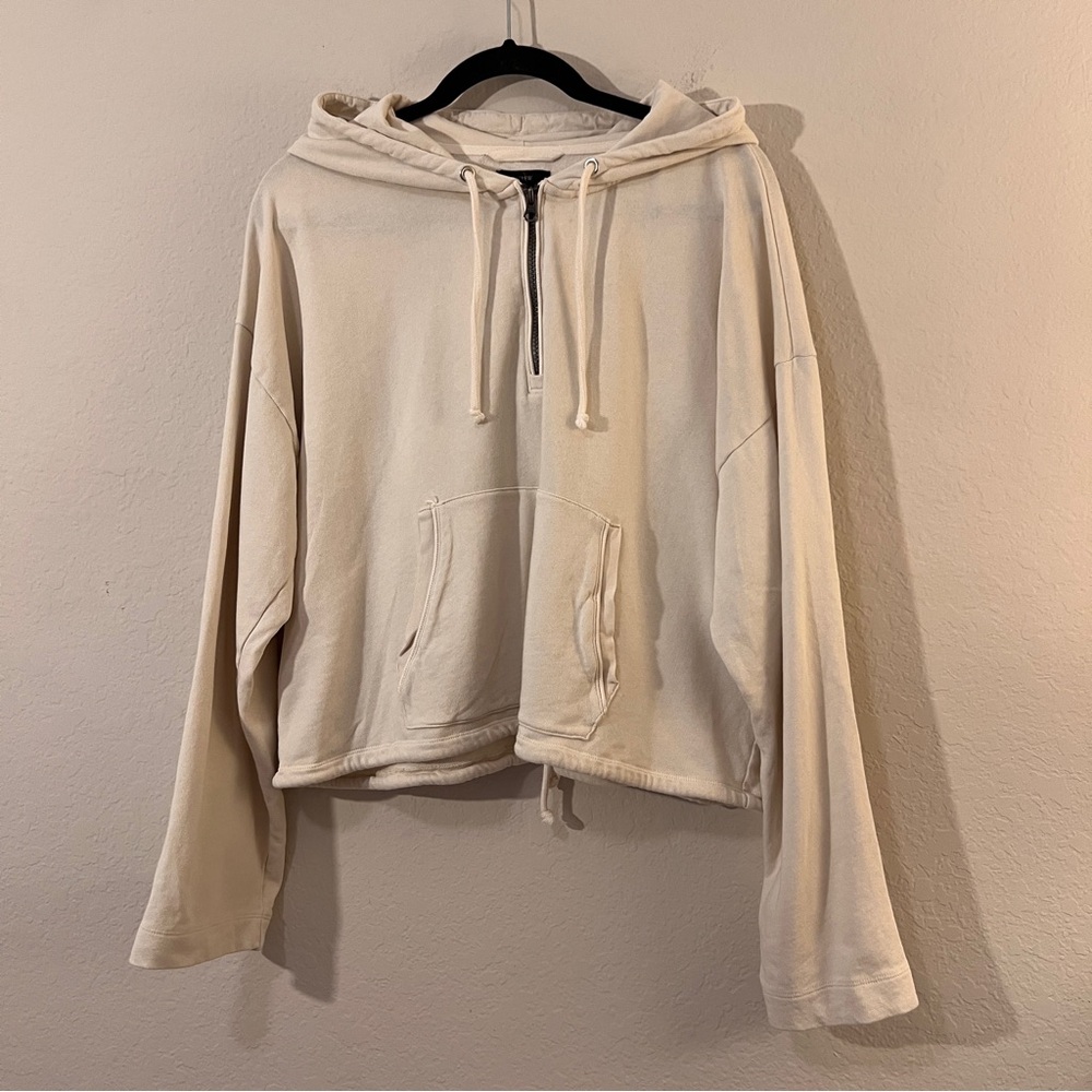 J.Crew Off-White Cropped Hoodie Large Front Pocket Drawstring Waist 100% Cotton